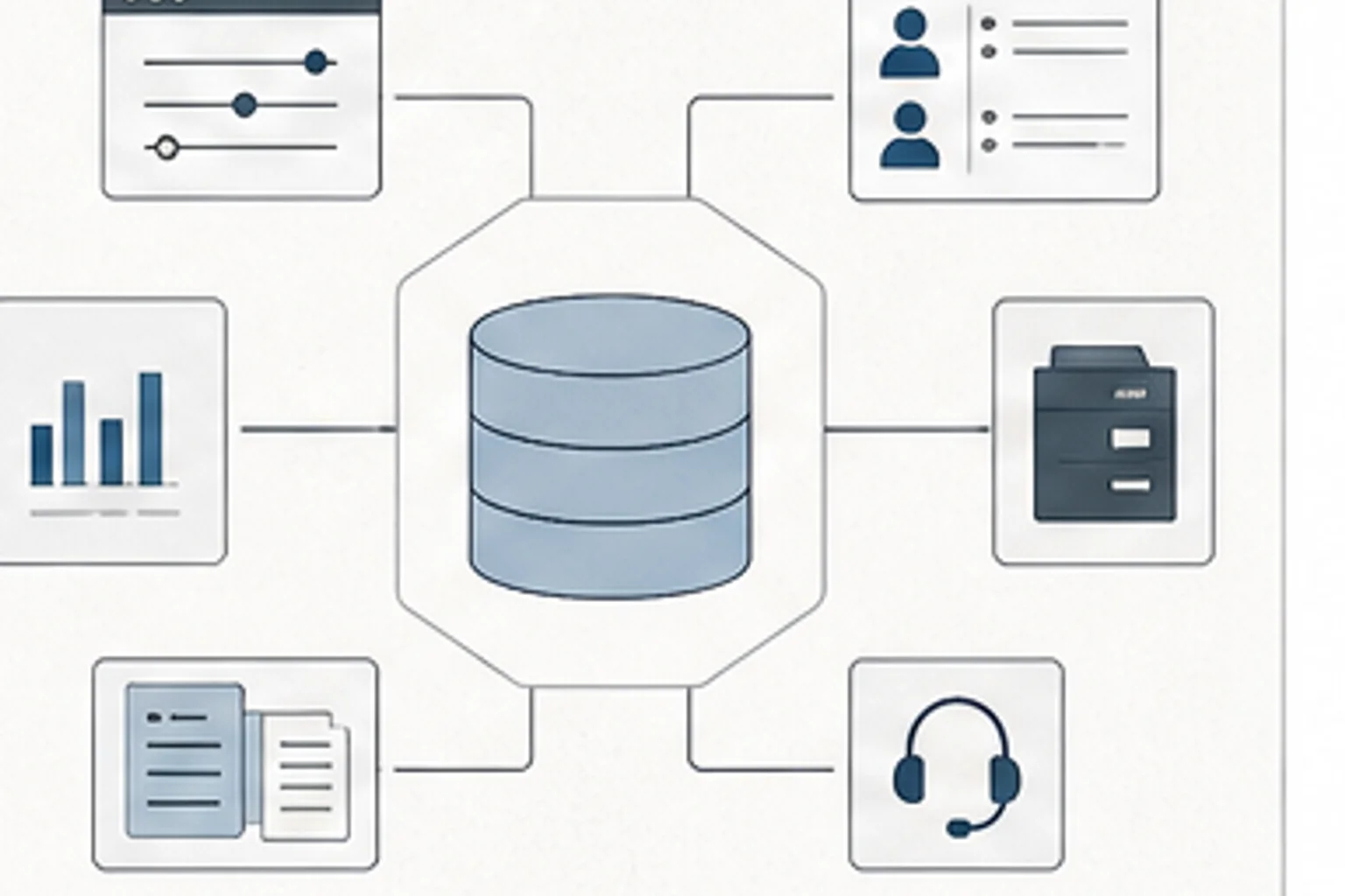 Abstract LMS governance architecture showing configuration, permissions, reporting, content inventory, migration cleanup, and support ownership