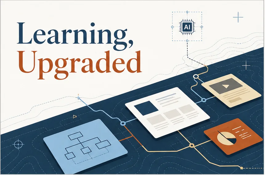 Learning, Upgraded systems map showing learning content, AI workflow, measurement, and review signals