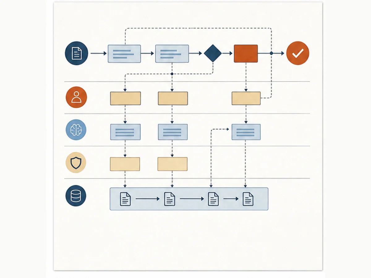 Abstract AI workflow system with source material, prompt routing, review gates, and human decision ownership